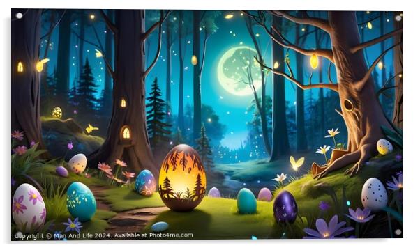 Enchanted forest at night with glowing eggs and magical lights, suitable for fantasy themes. Acrylic by Man And Life