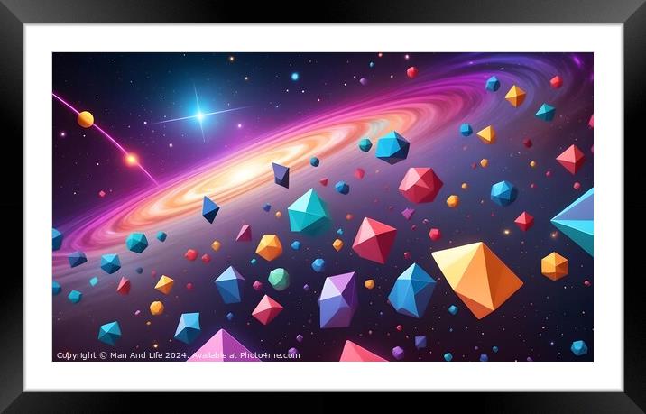 Colorful digital illustration of a vibrant galaxy with floating geometric shapes and a bright starburst. Framed Mounted Print by Man And Life