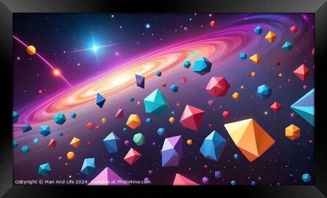 Colorful digital illustration of a vibrant galaxy with floating geometric shapes and a bright starburst. Framed Print by Man And Life