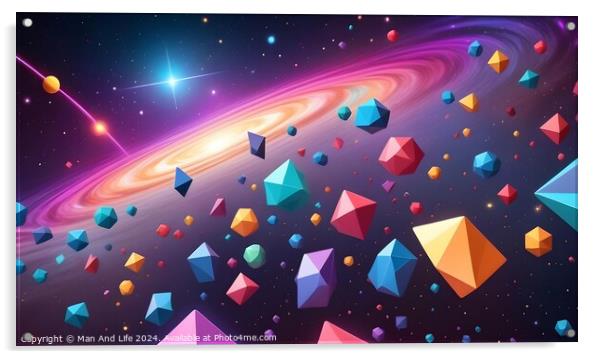 Colorful digital illustration of a vibrant galaxy with floating geometric shapes and a bright starburst. Acrylic by Man And Life