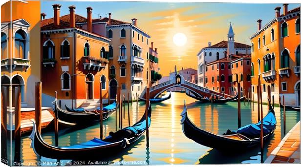 Colorful digital artwork of a serene Venetian canal with gondolas and a picturesque bridge, set against a warm sunset backdrop, evoking a romantic Italian ambiance. Canvas Print by Man And Life