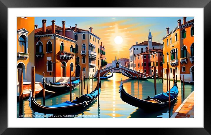 Colorful digital artwork of a serene Venetian canal with gondolas and a picturesque bridge, set against a warm sunset backdrop, evoking a romantic Italian ambiance. Framed Mounted Print by Man And Life