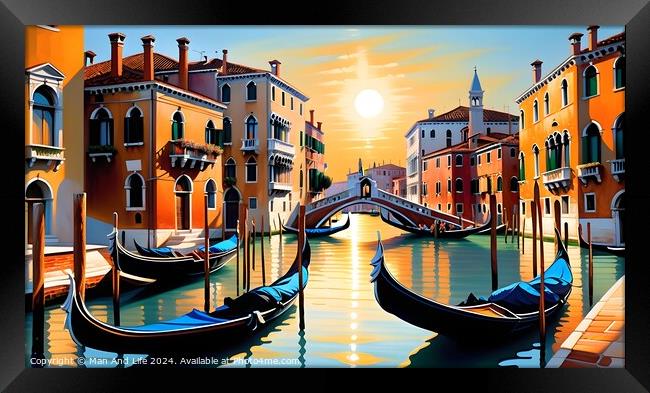 Colorful digital artwork of a serene Venetian canal with gondolas and a picturesque bridge, set against a warm sunset backdrop, evoking a romantic Italian ambiance. Framed Print by Man And Life
