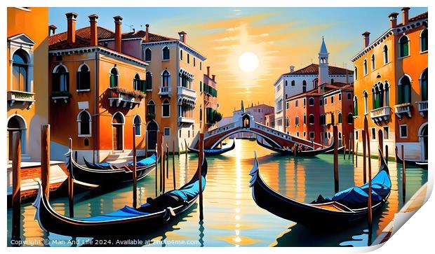 Colorful digital artwork of a serene Venetian canal with gondolas and a picturesque bridge, set against a warm sunset backdrop, evoking a romantic Italian ambiance. Print by Man And Life
