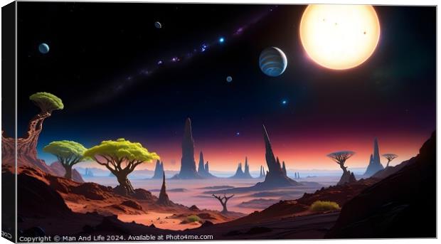 Surreal alien landscape with vibrant colors, featuring exotic trees, towering rock formations, and a sky with multiple moons and a large sun. Canvas Print by Man And Life