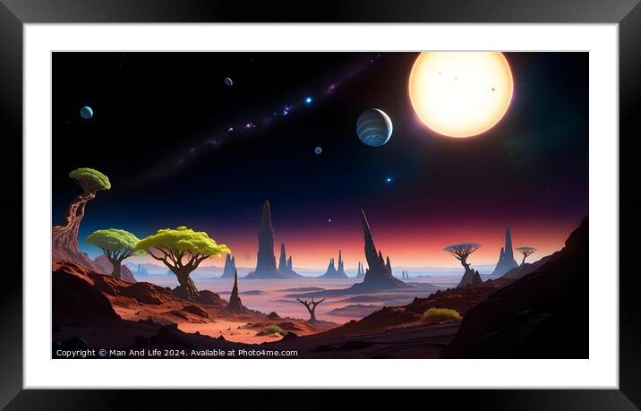 Surreal alien landscape with vibrant colors, featuring exotic trees, towering rock formations, and a sky with multiple moons and a large sun. Framed Mounted Print by Man And Life