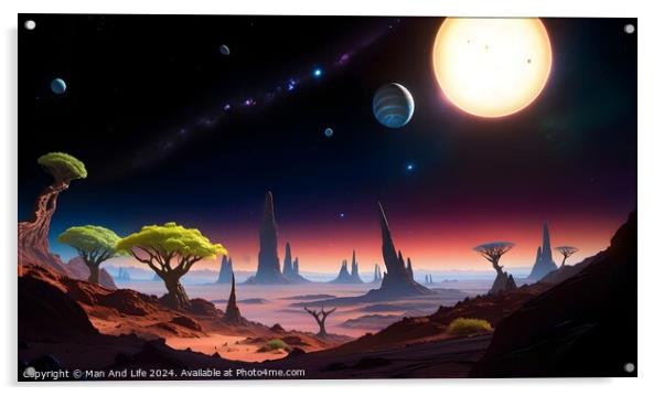Surreal alien landscape with vibrant colors, featuring exotic trees, towering rock formations, and a sky with multiple moons and a large sun. Acrylic by Man And Life