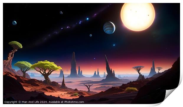 Surreal alien landscape with vibrant colors, featuring exotic trees, towering rock formations, and a sky with multiple moons and a large sun. Print by Man And Life