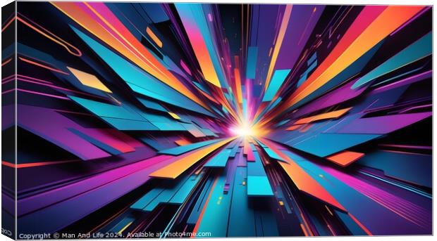Abstract 3D illustration of a futuristic tunnel with vibrant neon colors and dynamic perspective lines leading towards a bright light at the center, suggesting speed and technology. Canvas Print by Man And Life