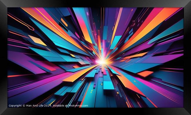 Abstract 3D illustration of a futuristic tunnel with vibrant neon colors and dynamic perspective lines leading towards a bright light at the center, suggesting speed and technology. Framed Print by Man And Life