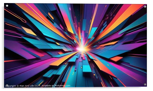 Abstract 3D illustration of a futuristic tunnel with vibrant neon colors and dynamic perspective lines leading towards a bright light at the center, suggesting speed and technology. Acrylic by Man And Life