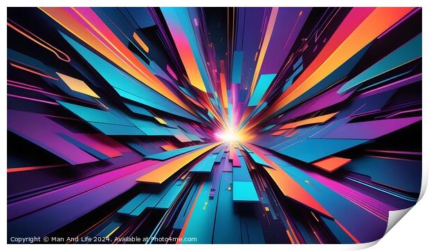Abstract 3D illustration of a futuristic tunnel with vibrant neon colors and dynamic perspective lines leading towards a bright light at the center, suggesting speed and technology. Print by Man And Life
