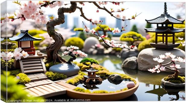 Miniature Japanese garden with cherry blossoms, pagoda, and boat. Canvas Print by Man And Life