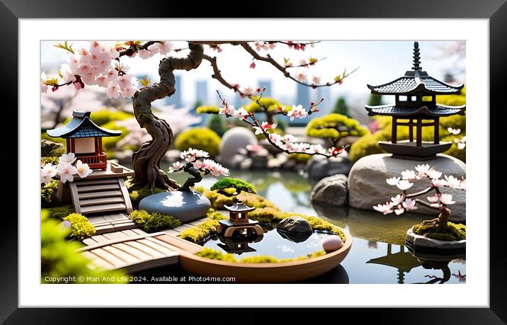 Miniature Japanese garden with cherry blossoms, pagoda, and boat. Framed Mounted Print by Man And Life
