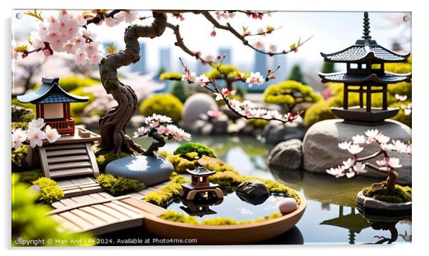 Miniature Japanese garden with cherry blossoms, pagoda, and boat. Acrylic by Man And Life