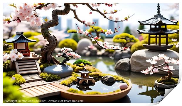 Miniature Japanese garden with cherry blossoms, pagoda, and boat. Print by Man And Life