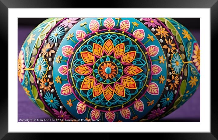 Colorful hand-painted mandala on spherical object with intricate floral patterns against a purple background. Framed Mounted Print by Man And Life