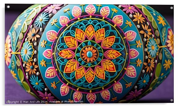 Colorful hand-painted mandala on spherical object with intricate floral patterns against a purple background. Acrylic by Man And Life
