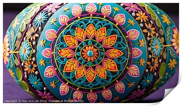 Colorful hand-painted mandala on spherical object with intricate floral patterns against a purple background. Print by Man And Life
