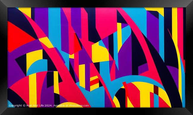 Vibrant abstract geometric mural with a dynamic mix of shapes and colors, suitable for modern art backgrounds or creative designs. Framed Print by Man And Life
