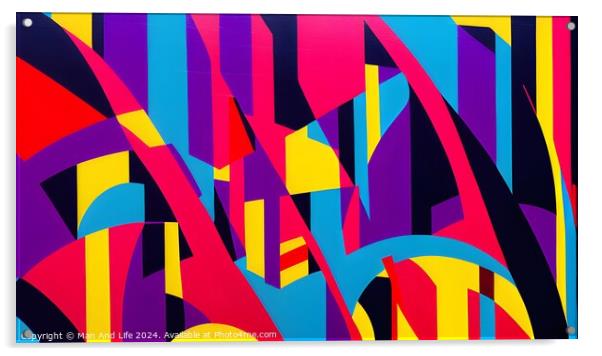 Vibrant abstract geometric mural with a dynamic mix of shapes and colors, suitable for modern art backgrounds or creative designs. Acrylic by Man And Life