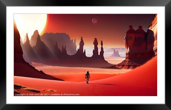 A lone astronaut explores a vast alien desert with towering rock formations under a large red sun and a distant planet, conveying exploration and adventure on an extraterrestrial world. Framed Mounted Print by Man And Life