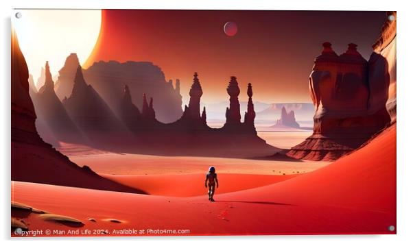 A lone astronaut explores a vast alien desert with towering rock formations under a large red sun and a distant planet, conveying exploration and adventure on an extraterrestrial world. Acrylic by Man And Life