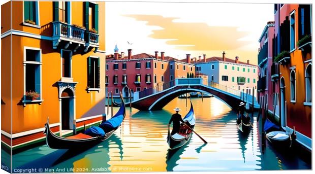 Colorful illustration of Venice canals with gondolas and historic buildings under a sunset sky, reflecting vibrant hues in the water. Ideal for travel and tourism themes. Canvas Print by Man And Life