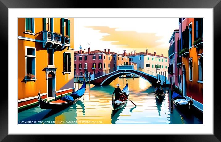 Colorful illustration of Venice canals with gondolas and historic buildings under a sunset sky, reflecting vibrant hues in the water. Ideal for travel and tourism themes. Framed Mounted Print by Man And Life