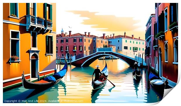 Colorful illustration of Venice canals with gondolas and historic buildings under a sunset sky, reflecting vibrant hues in the water. Ideal for travel and tourism themes. Print by Man And Life