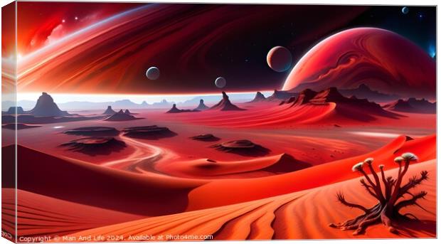 Surreal alien landscape with red sand dunes, bizarre rock formations, and multiple moons in a vibrant red sky, depicting an extraterrestrial desert scene. Canvas Print by Man And Life
