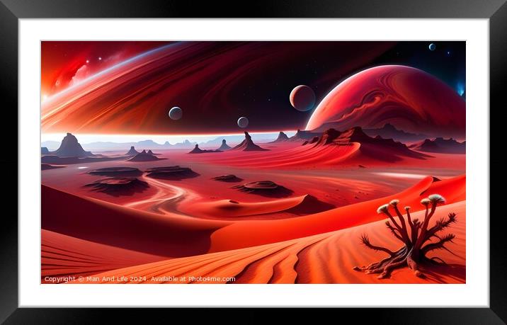 Surreal alien landscape with red sand dunes, bizarre rock formations, and multiple moons in a vibrant red sky, depicting an extraterrestrial desert scene. Framed Mounted Print by Man And Life