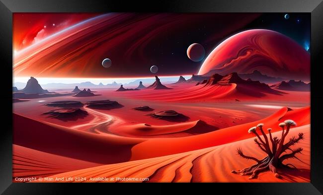 Surreal alien landscape with red sand dunes, bizarre rock formations, and multiple moons in a vibrant red sky, depicting an extraterrestrial desert scene. Framed Print by Man And Life