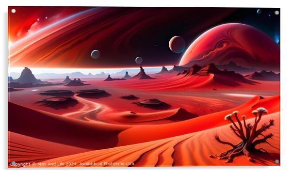 Surreal alien landscape with red sand dunes, bizarre rock formations, and multiple moons in a vibrant red sky, depicting an extraterrestrial desert scene. Acrylic by Man And Life