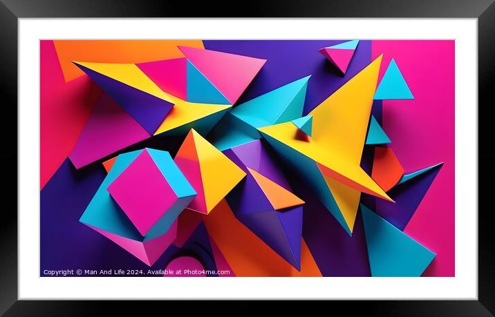 Colorful paper shapes on a vibrant background, abstract geometric composition. Framed Mounted Print by Man And Life