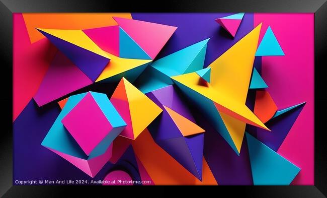 Colorful paper shapes on a vibrant background, abstract geometric composition. Framed Print by Man And Life