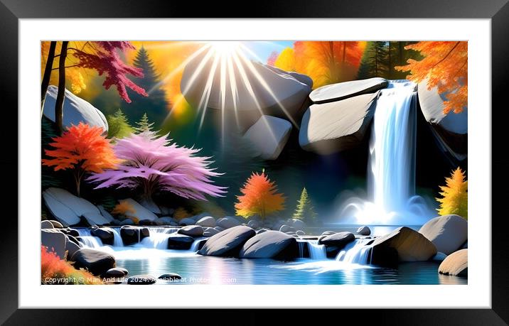 Vibrant digital artwork of a serene waterfall with sunbeams piercing through autumn foliage, reflecting on a tranquil river surrounded by rocks. Framed Mounted Print by Man And Life