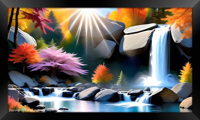 Vibrant digital artwork of a serene waterfall with sunbeams piercing through autumn foliage, reflecting on a tranquil river surrounded by rocks. Framed Print by Man And Life