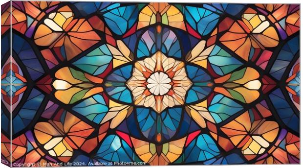 Colorful stained glass pattern with symmetrical floral design, suitable for backgrounds and textures. Canvas Print by Man And Life