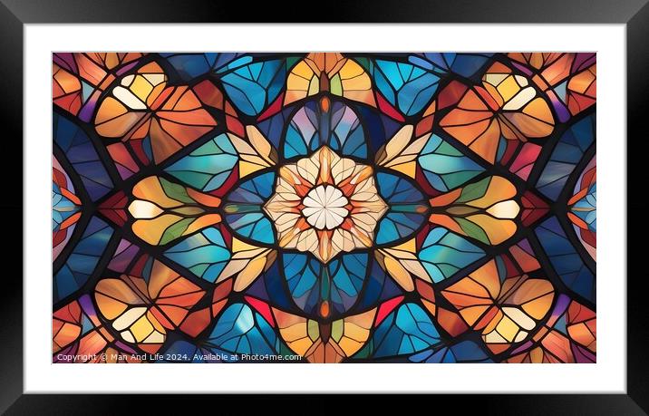 Colorful stained glass pattern with symmetrical floral design, suitable for backgrounds and textures. Framed Mounted Print by Man And Life