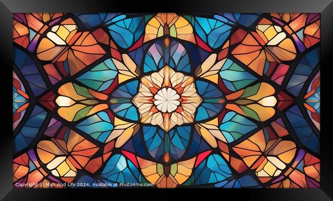 Colorful stained glass pattern with symmetrical floral design, suitable for backgrounds and textures. Framed Print by Man And Life
