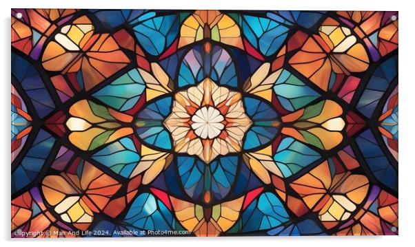 Colorful stained glass pattern with symmetrical floral design, suitable for backgrounds and textures. Acrylic by Man And Life