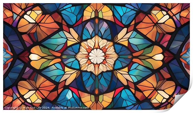 Colorful stained glass pattern with symmetrical floral design, suitable for backgrounds and textures. Print by Man And Life
