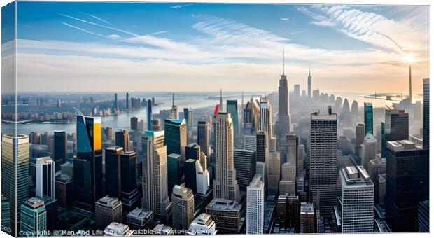 Breathtaking aerial view of a modern city skyline bathed in morning light with skyscrapers and blue sky. Canvas Print by Man And Life