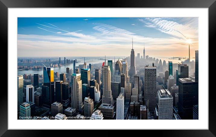 Breathtaking aerial view of a modern city skyline bathed in morning light with skyscrapers and blue sky. Framed Mounted Print by Man And Life