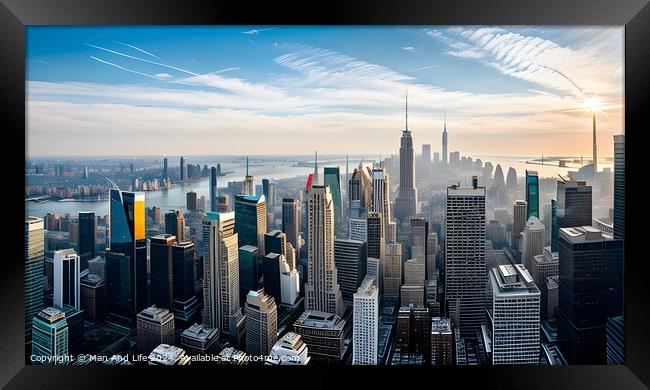 Breathtaking aerial view of a modern city skyline bathed in morning light with skyscrapers and blue sky. Framed Print by Man And Life