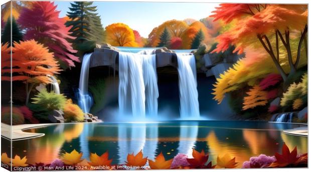 Scenic autumn waterfall with vibrant foliage reflecting in a tranquil blue lake, showcasing the beauty of the changing seasons in a peaceful natural landscape. Canvas Print by Man And Life