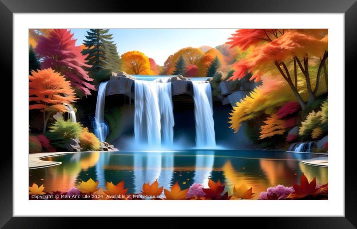 Scenic autumn waterfall with vibrant foliage reflecting in a tranquil blue lake, showcasing the beauty of the changing seasons in a peaceful natural landscape. Framed Mounted Print by Man And Life