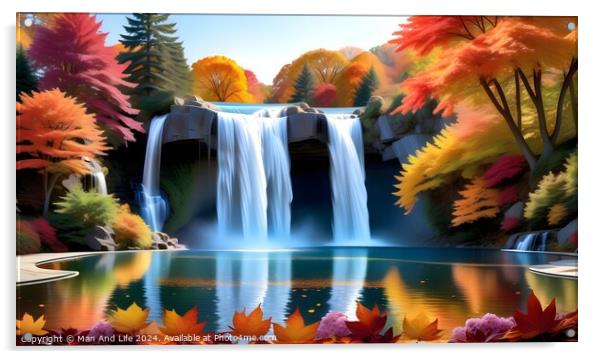 Scenic autumn waterfall with vibrant foliage reflecting in a tranquil blue lake, showcasing the beauty of the changing seasons in a peaceful natural landscape. Acrylic by Man And Life