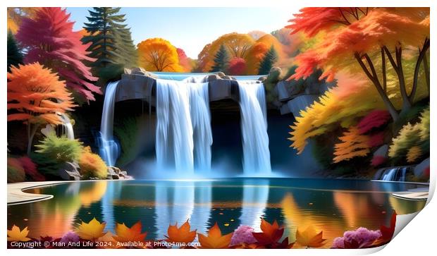 Scenic autumn waterfall with vibrant foliage reflecting in a tranquil blue lake, showcasing the beauty of the changing seasons in a peaceful natural landscape. Print by Man And Life